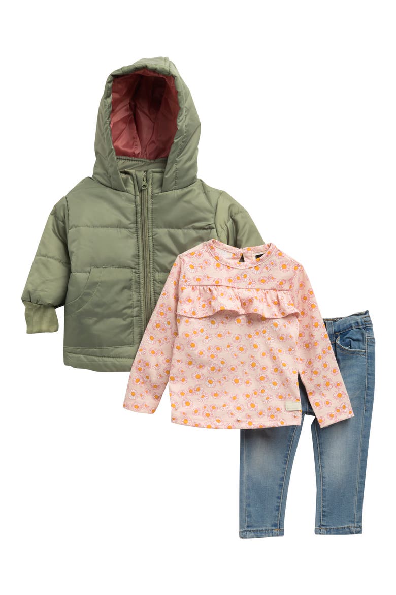 Kids' 3-Piece Quilted Jacket, Long Sleeve Top & Denim Pants Set, Main, color, LIGHT SAGE
