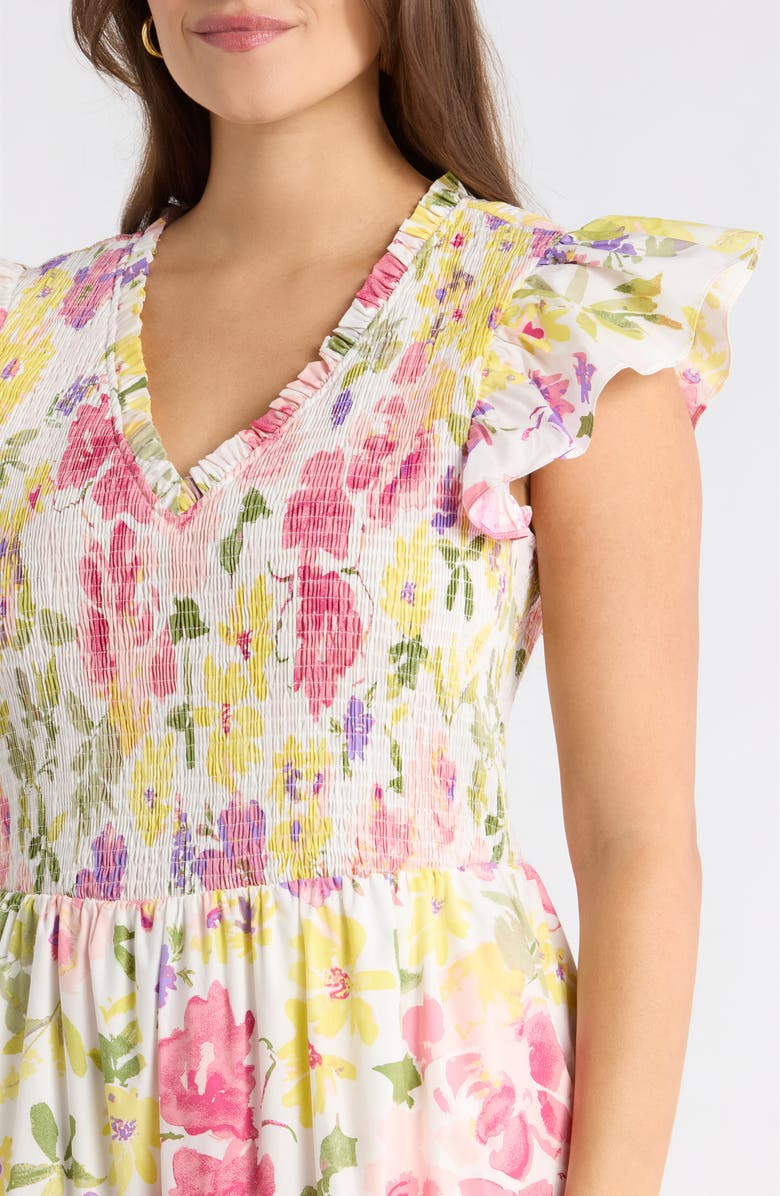 SUGARLIPS Leonie Floral Sunfire Tiered Midi Dress, Alternate, color, Blush-Yellow