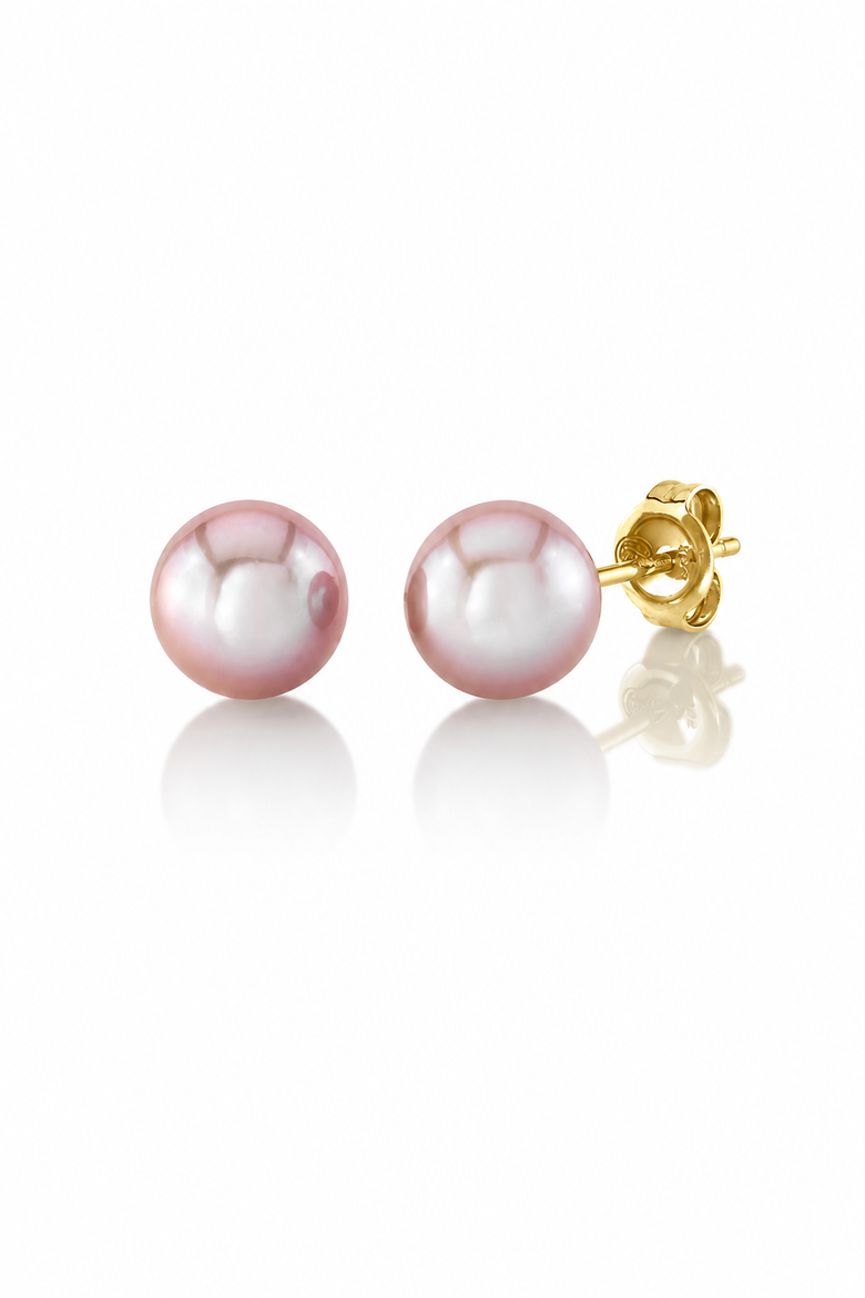 8mm Pink Freshwater Round Pearl Stud Earrings, Main, color, Yellow Gold