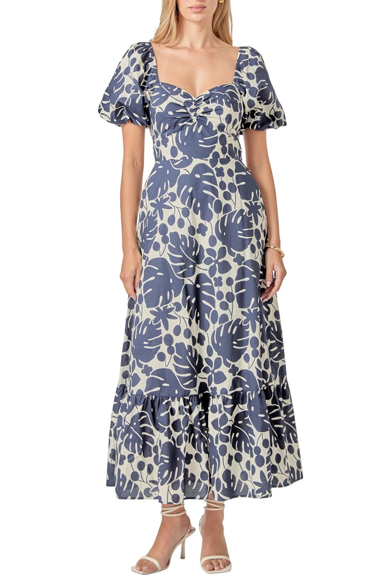 Floral Print Puff Sleeve Maxi Dress, Main, color, NAVY/ WHITE