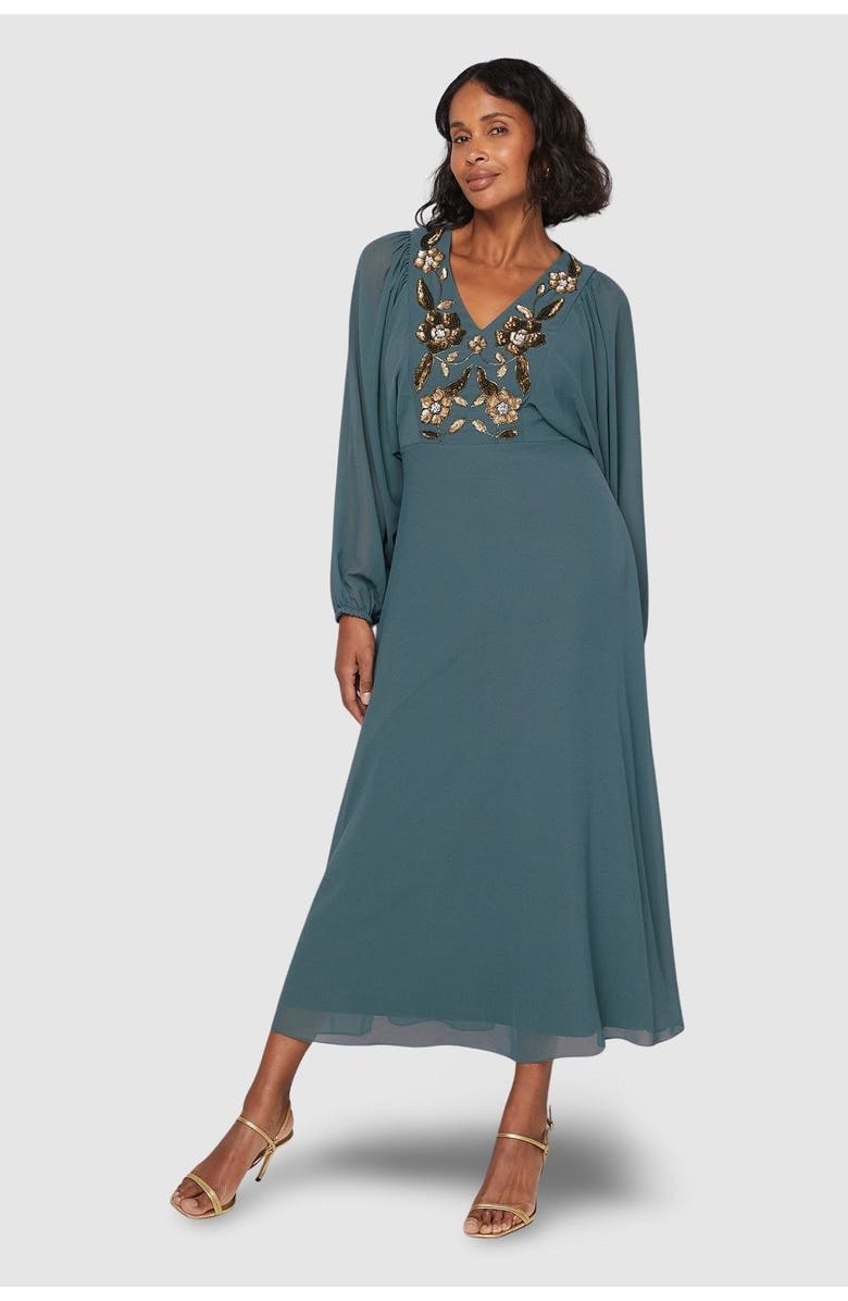 Wallis Embellished Balloon Sleeve Midi Dress, Main, color, Green