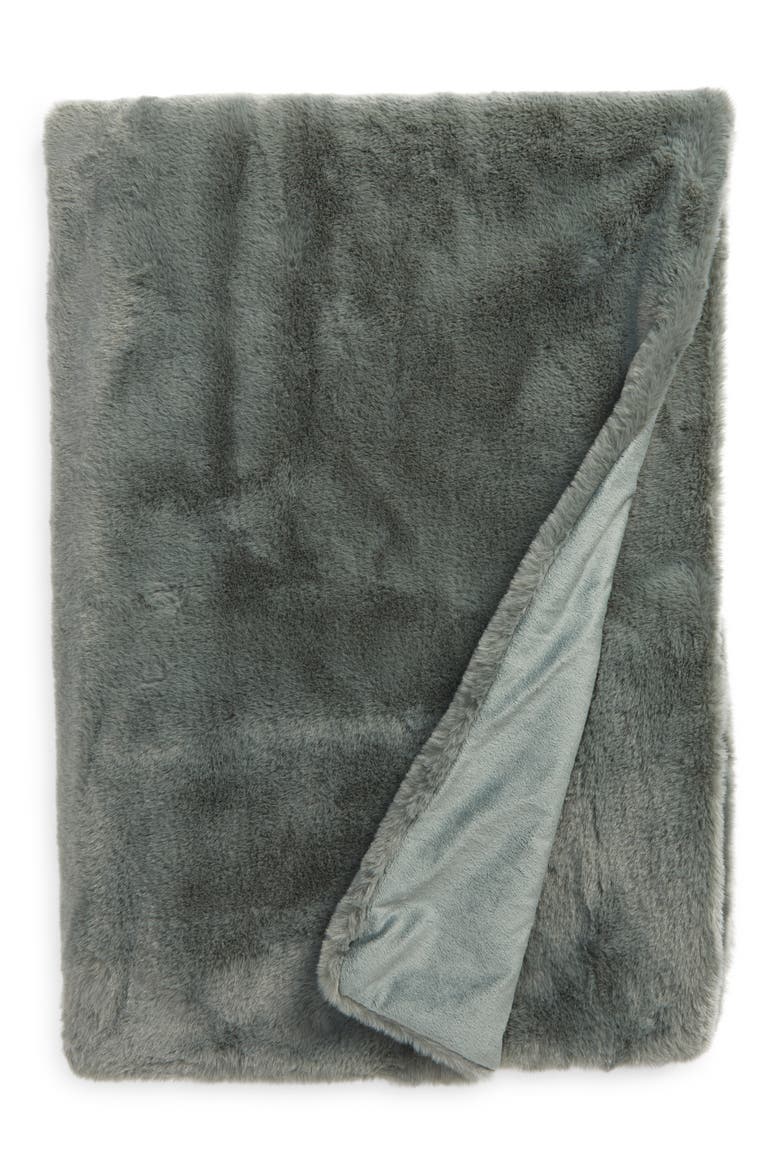 Recycled Faux Fur Throw Blanket, Main, color, GREEN BALSAM