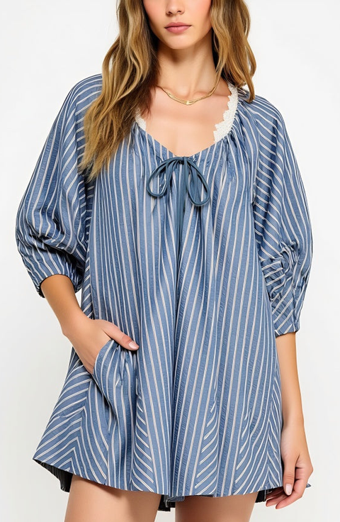 Striped V-Neck Romper with 3/4 Sleeves and Front Tie Detail
