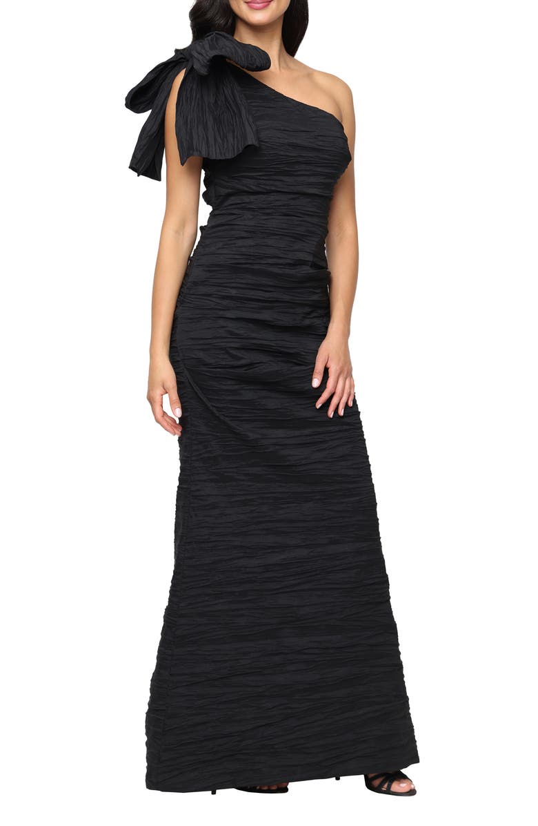 Alex Evenings Bow Detail One-Shoulder Ruched Satin Gown, Main, color, Black