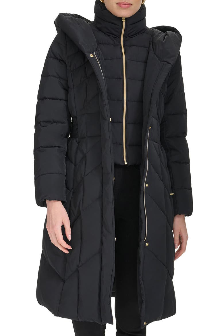 Taffeta Puffer Coat with Quilted Zip Bib, Alternate, color, BLACK