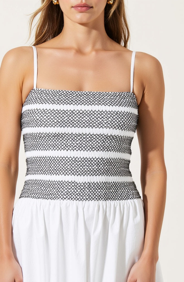 Modenaire Smocked Bodice A-Line Maxi Dress with Gathered Skirt, Alternate, color, White / Black Striped