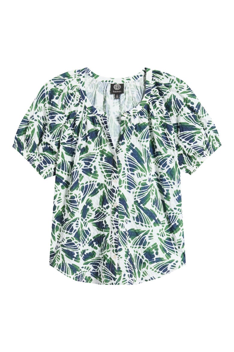 Abstract Print Puff Sleeve Button-Up Top, Alternate, color, NAVY/ GREEN