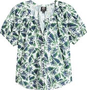 Bobeau Abstract Print Puff Sleeve Button-Up Top