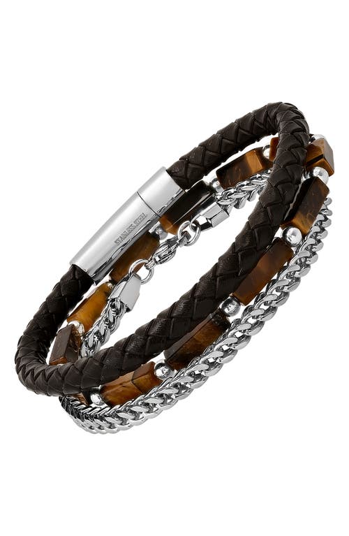 Hmy Jewelry Set Of 3 Tiger's-eye, Chain & Leather Bracelets In Black