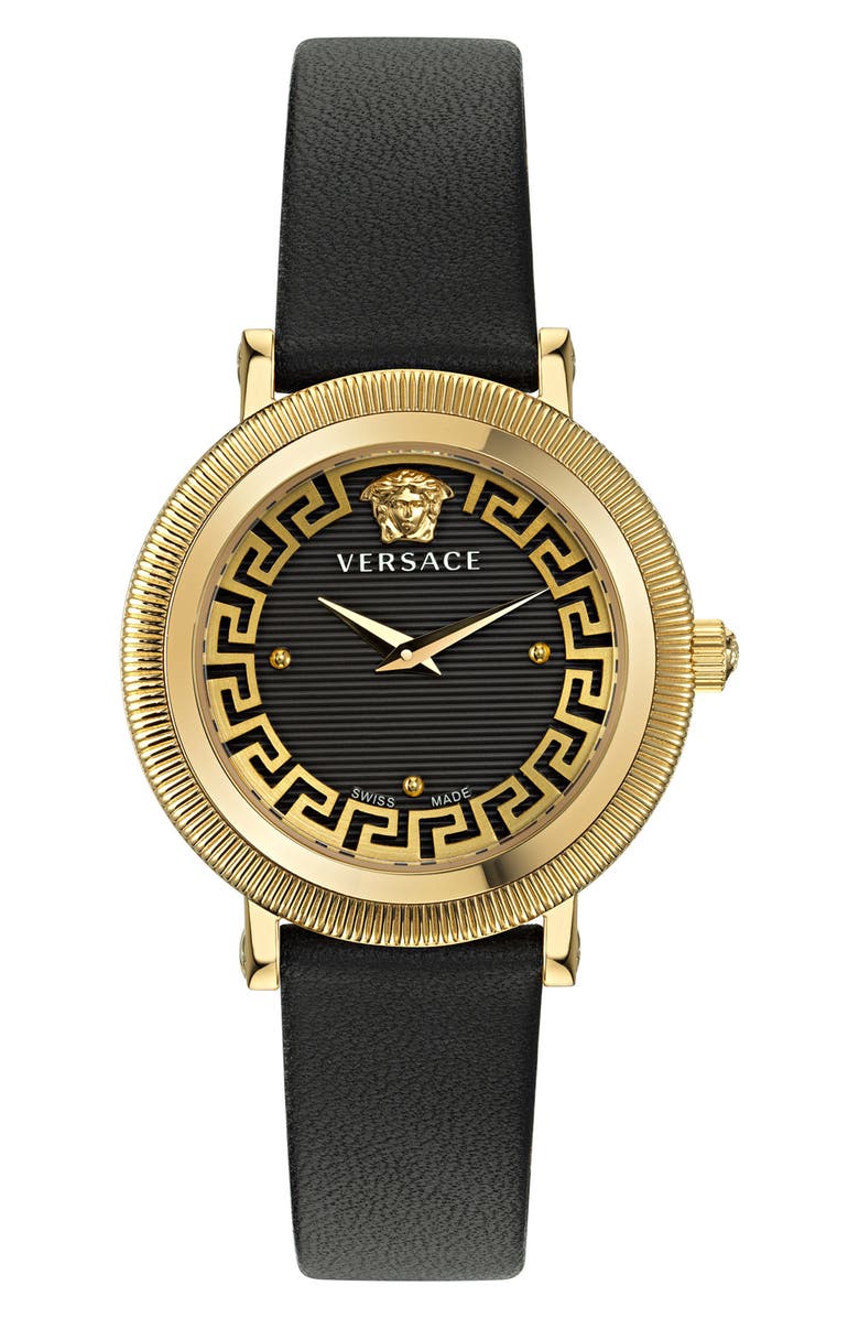 Versace Greca Flourish Leather Strap Watch, 35mm, Main, color,