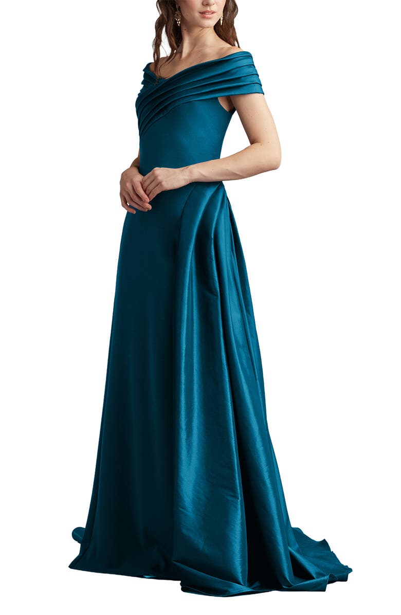 Tadashi Shoji Off the Shoulder Crepe & Taffeta Gown, Alternate, color, Cerulean
