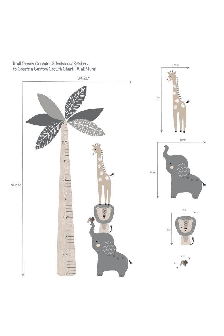 Jungle Safari Tree with Animals Kids Growth Chart Wall Decals, Alternate, color, Gray