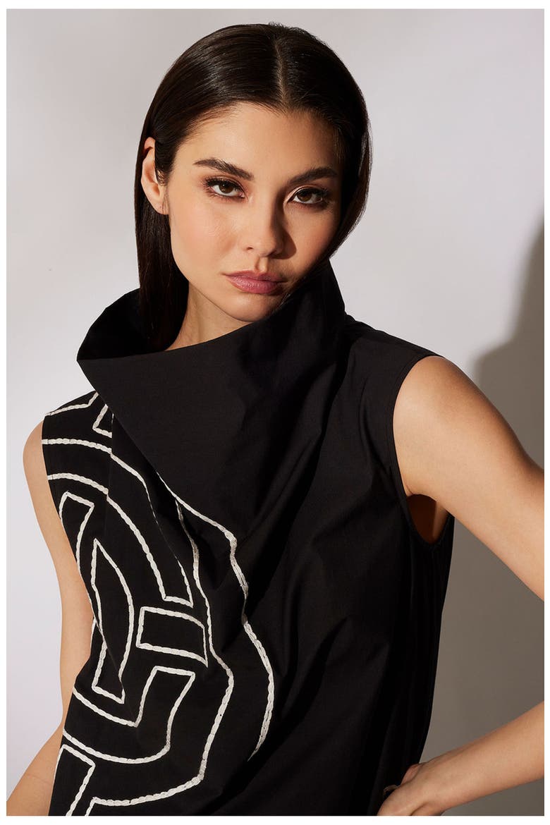 Tech Cotton Taffeta Funnel Shift Dress w/ Embroidery, Alternate, color, BLACK