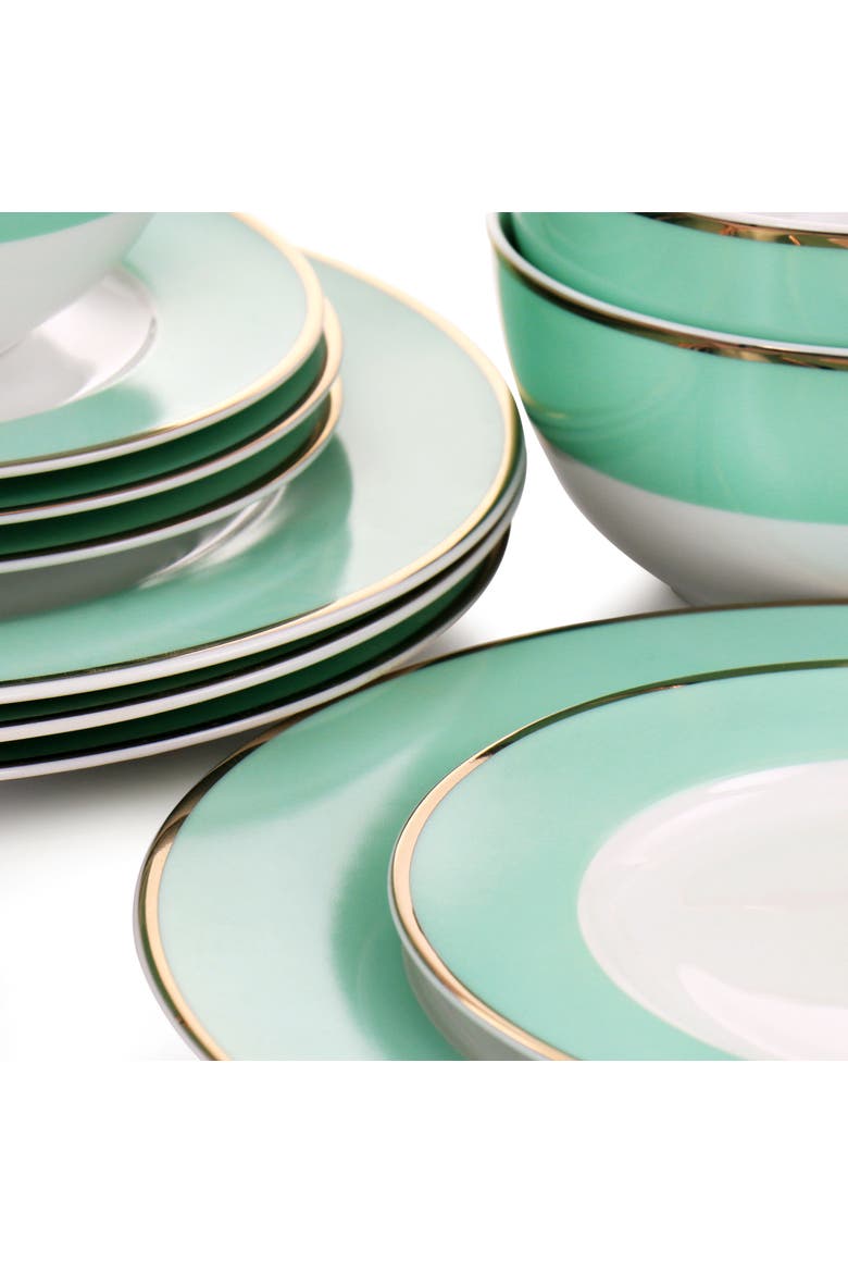 Gold Rimmed 12 piece Fine Ceramic Dinnerware Set, Alternate, color, Mint