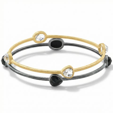 18K Gold Plated Silver Set Of Two Onyx/Topaz Bangle Bracelet 2mm