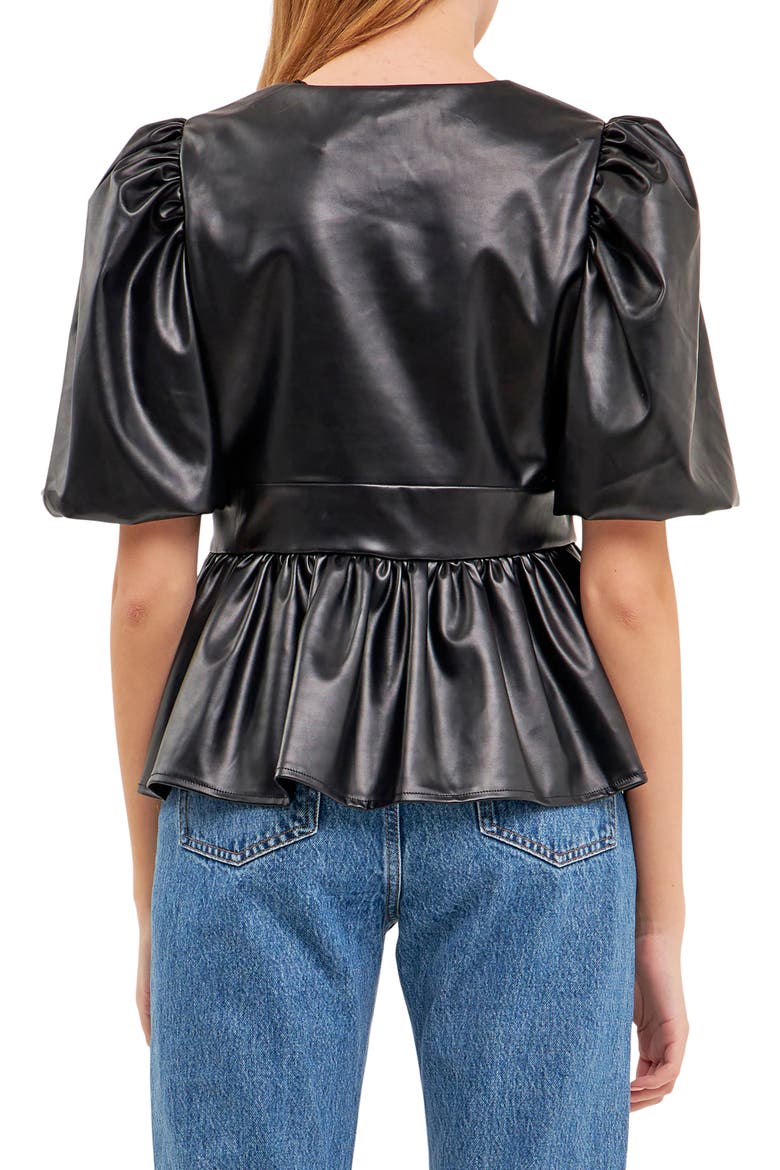 Puff Sleeve Faux Leather Peplum Top, Alternate, color, BLACK