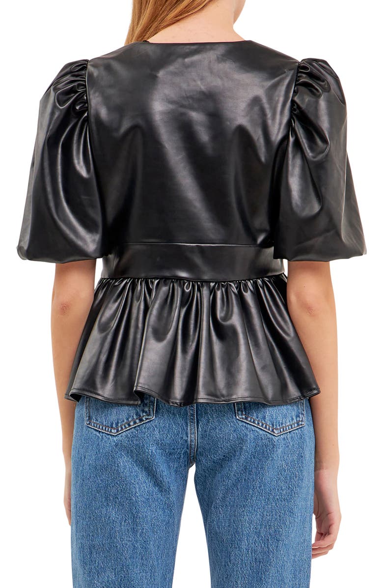 English Factory Puff Sleeve Faux Leather Peplum Top, Alternate, color, Black