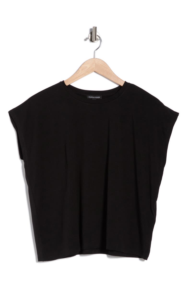 Eileen Fisher Boxy Cap Sleeve Jersey Top, Main, color, Black