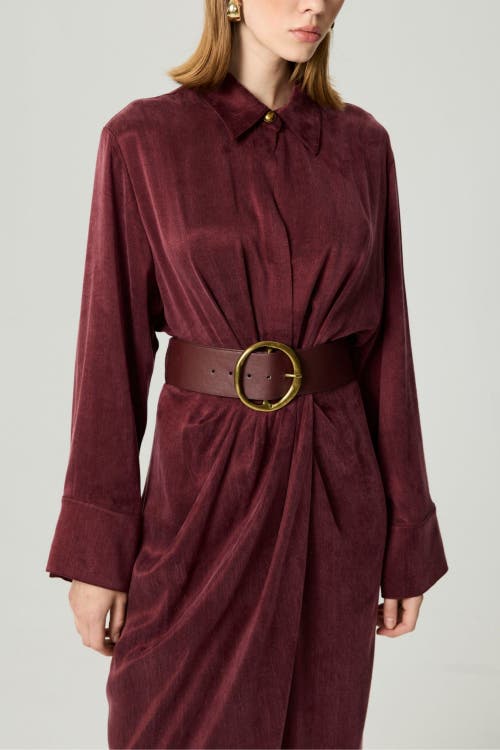 Nocturne Belted Draped Shirt-collar Maxi Dress In Burgundy
