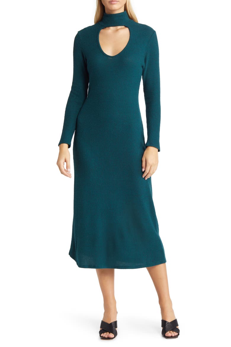 Cutout Long Sleeve Midi Dress, Main, color, PINE