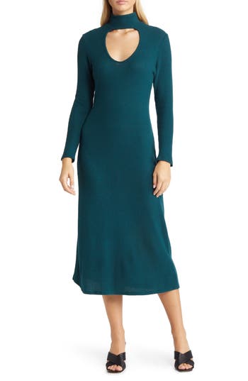 Loveappella Cutout Long Sleeve Midi Dress In Green