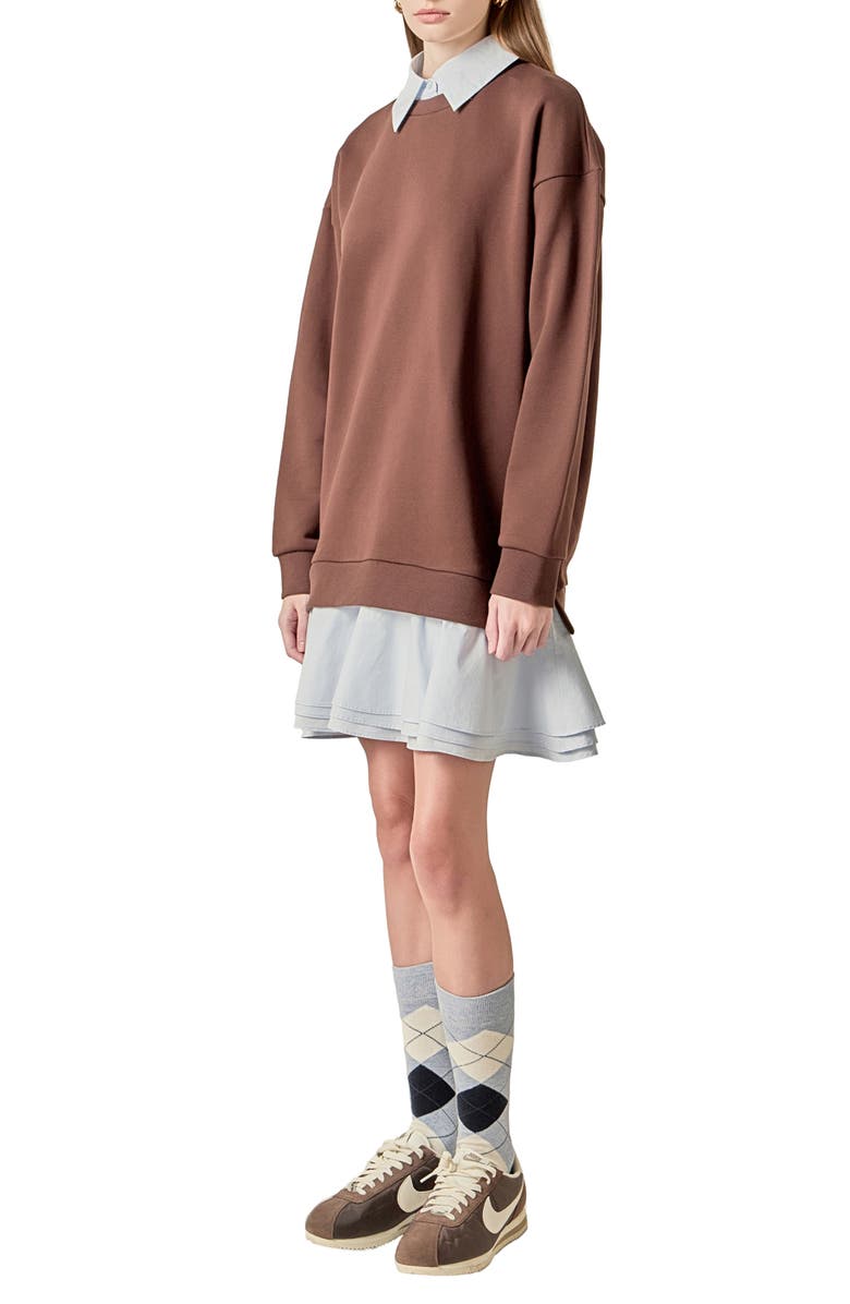 English Factory Long Sleeve Mixed Media Sweatshirt Minidress, Alternate, color, Brown/ Powder Blue