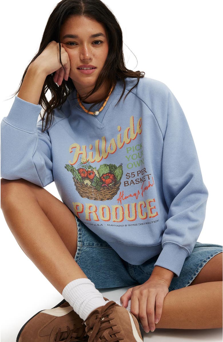 Cotton On Women's Classic Fleece Graphic Raglan Crew Sweatshirt, Alternate, color, Hillside Produce Dusk Blue