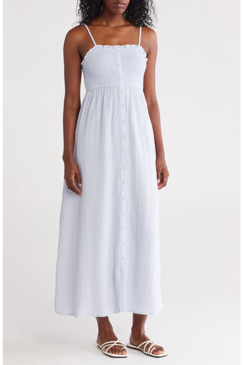 Smocked Button Front Cotton Gauze Sundress, Main, color, DUSTY BLUE