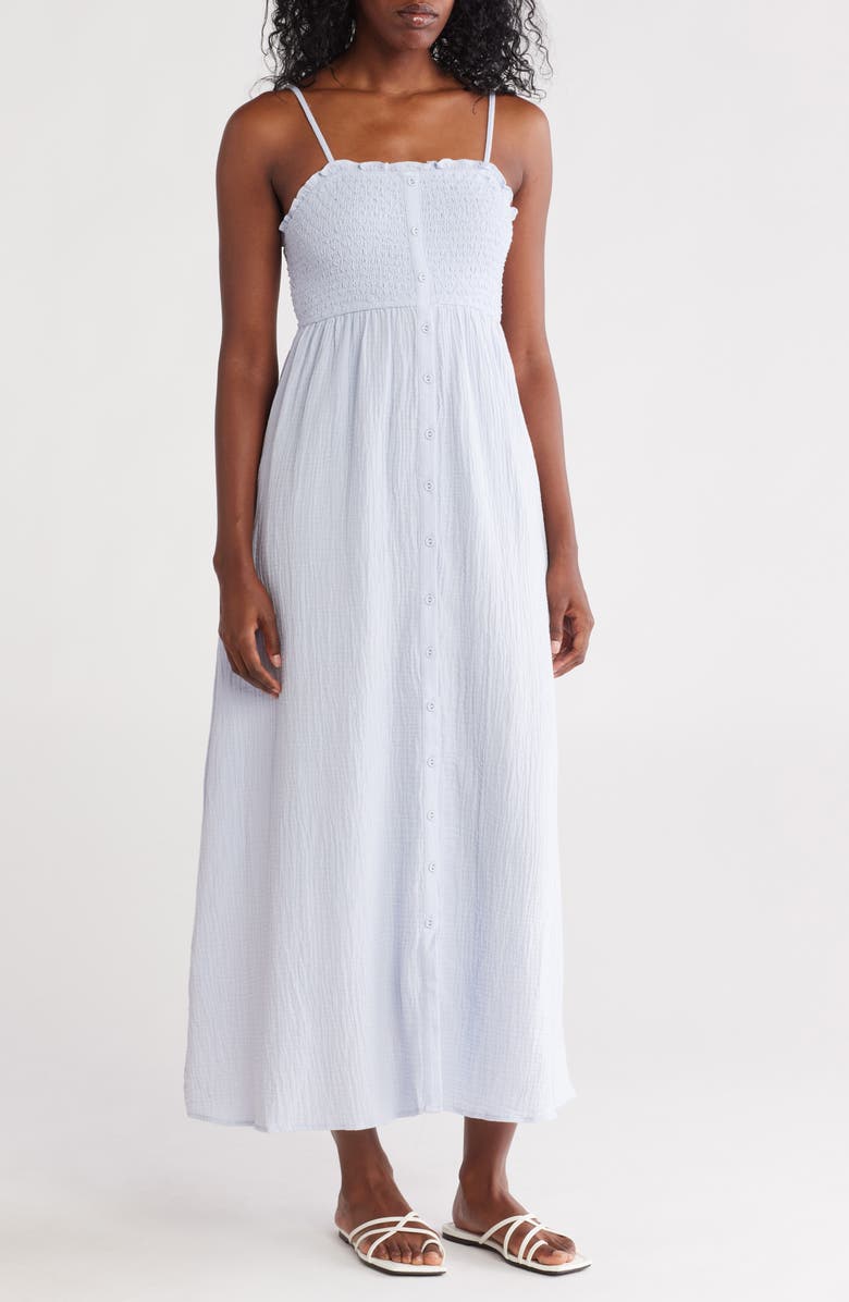Lovestitch Smocked Button Front Cotton Gauze Sundress, Main, color, Dusty Blue
