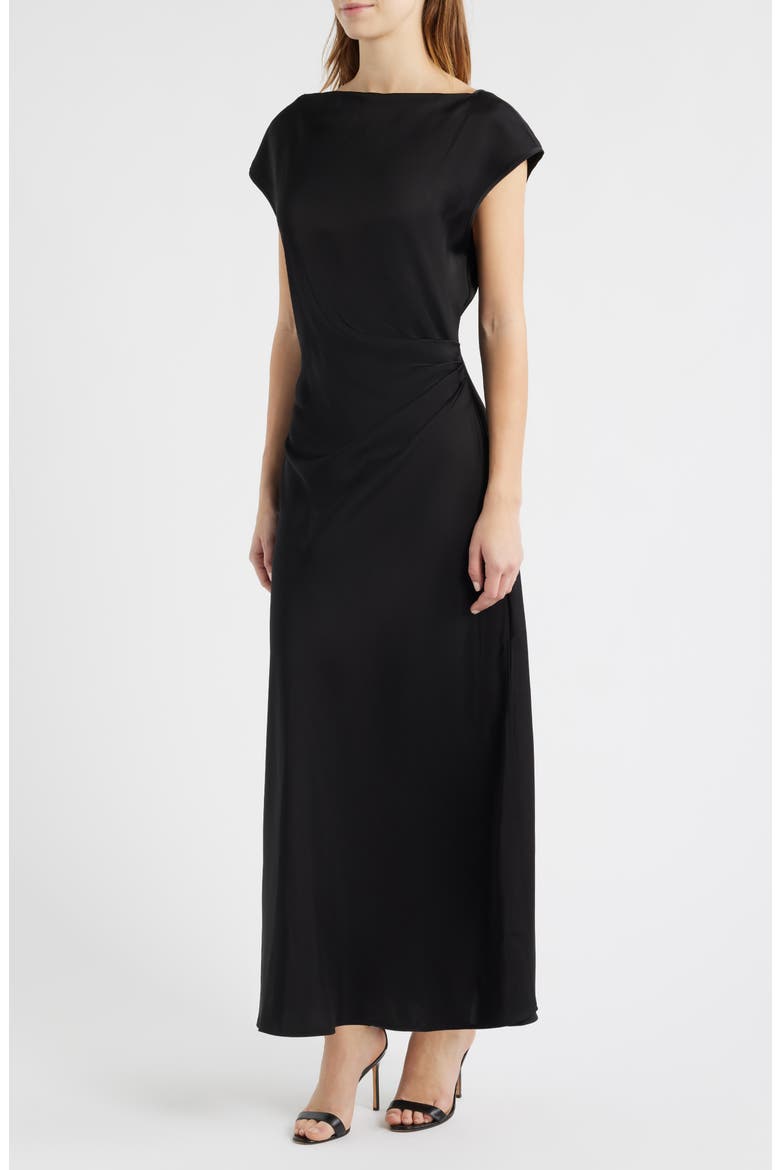 Side Ruched Satin Maxi Dress, Alternate, color, BLACK
