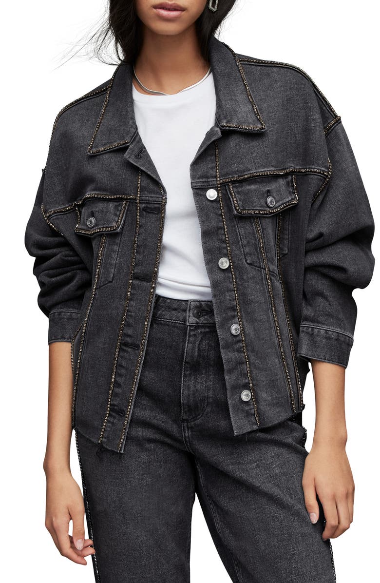 AllSaints Piper Diamante Embellished Denim Jacket, Main, color,