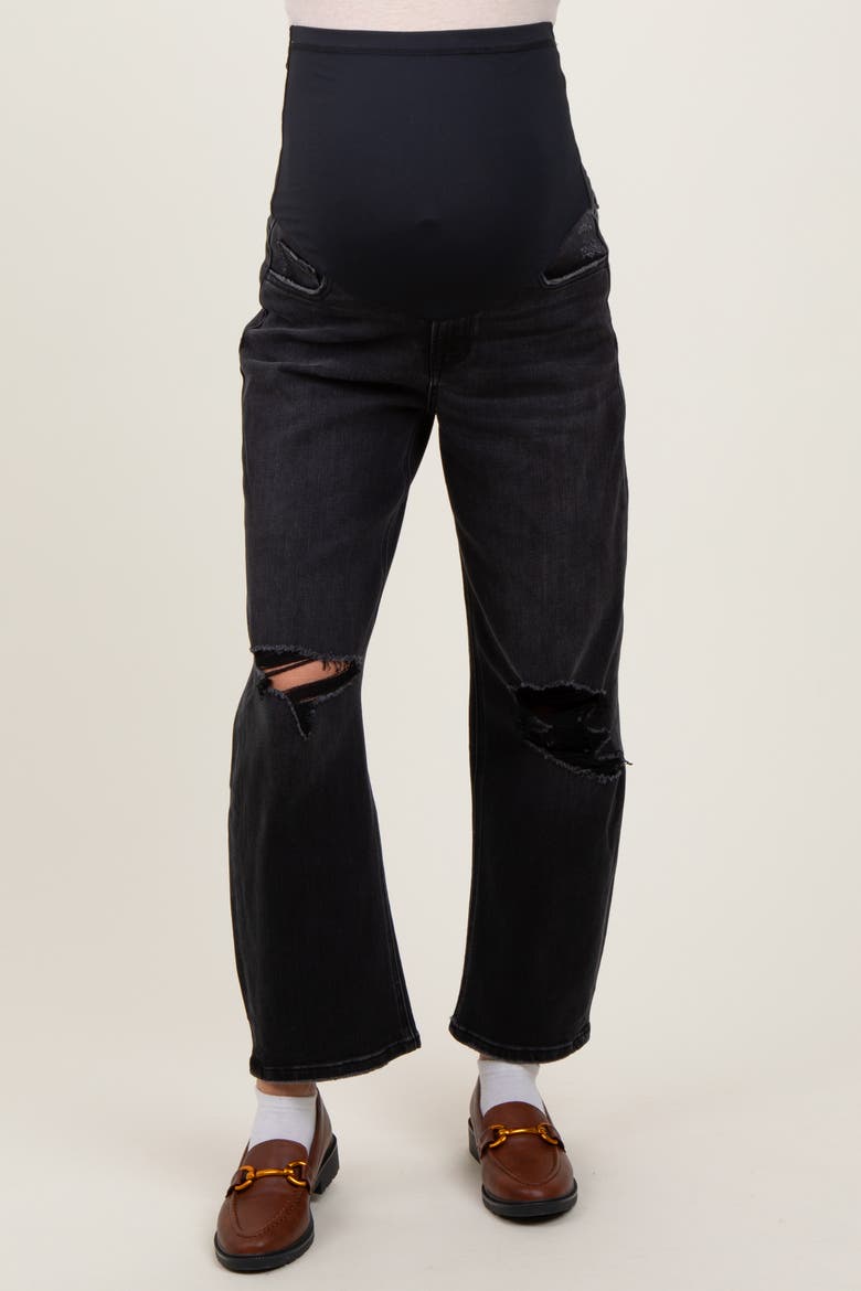 Distressed Open Knee Cropped Maternity Barrel Jeans, Alternate, color, Black
