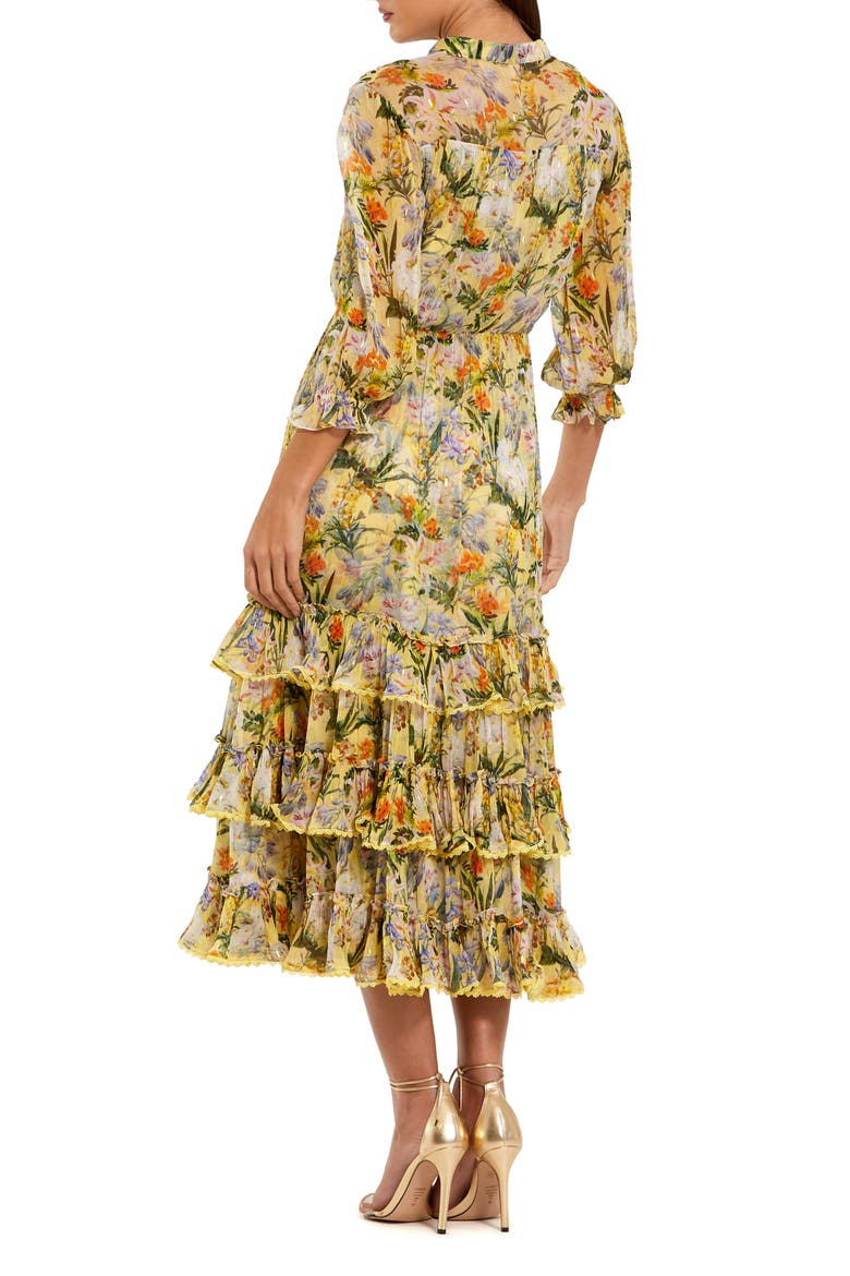Women's Floral V-Neck Ruffle Tiered Midi Dress with 3/4 Sleeves, Alternate, color, Yellow Multi