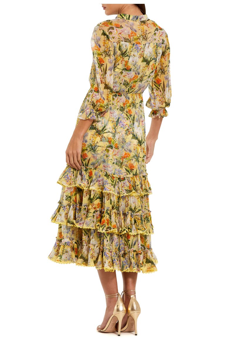 Mac Duggal Floral V-Neck Ruffle Midi Dress with 3/4 Sleeves, Alternate, color, Yellow Multi