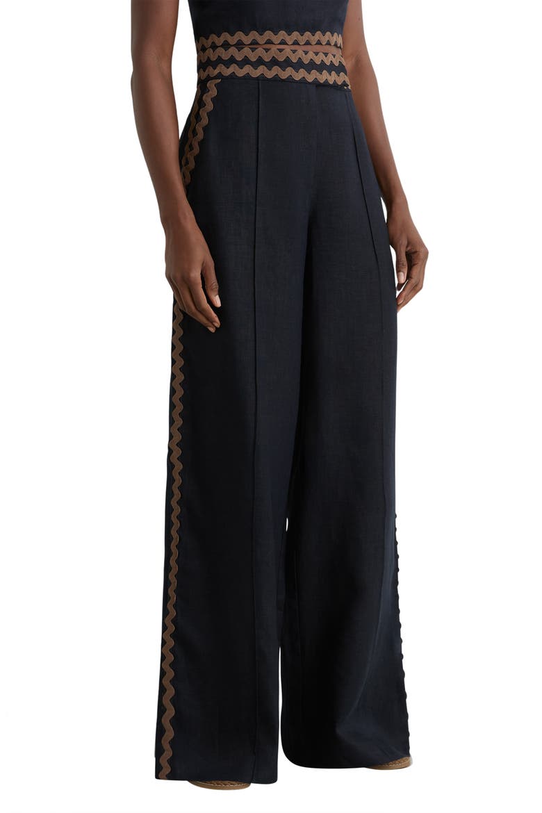 Mila Rickrack Detail Wide Leg Linen Pants, Main, color, NAVY/ IVORY