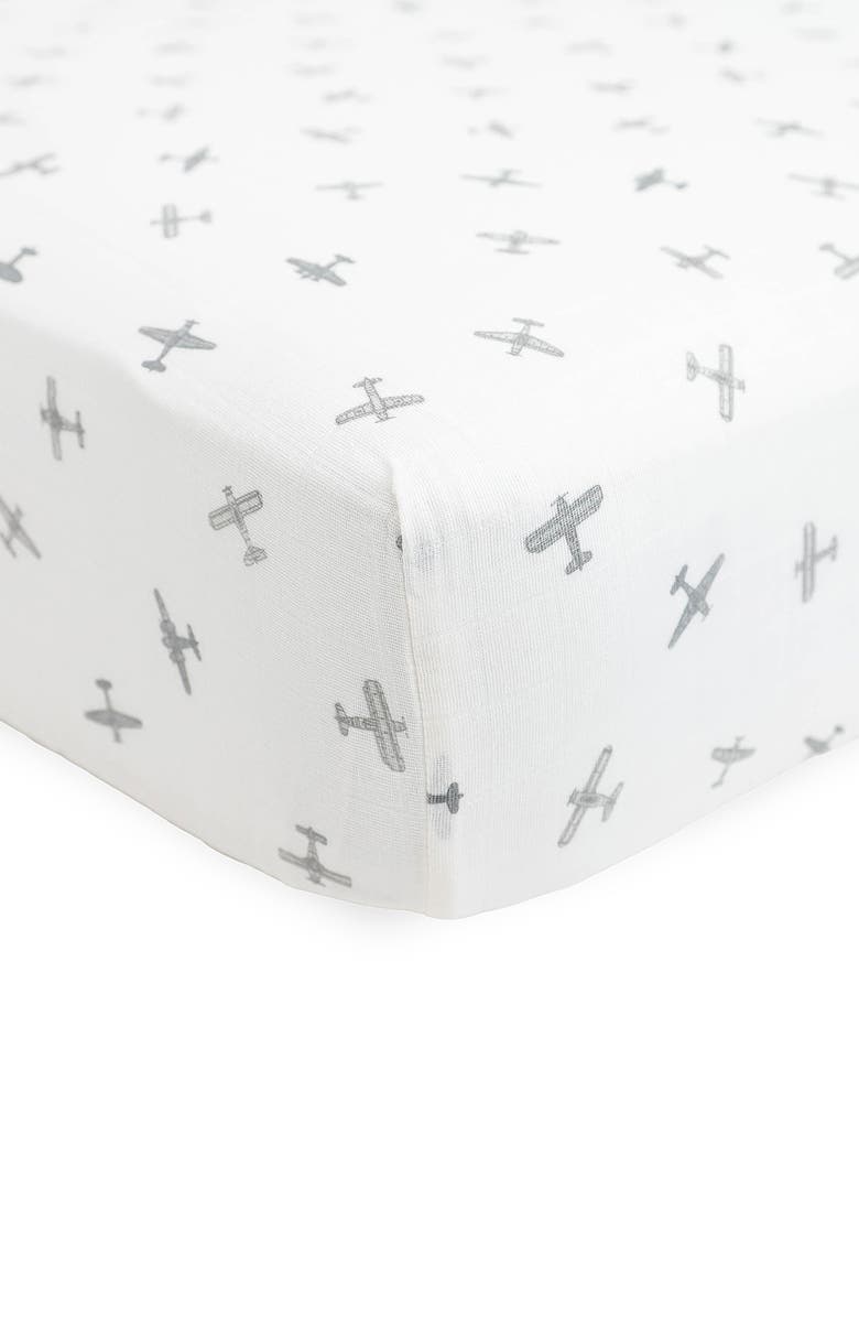 little unicorn Organic Cotton Muslin Crib Sheet, Alternate, color, Pewter Planes