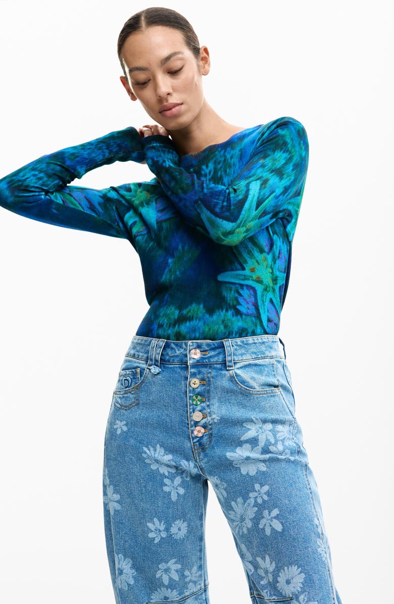 Desigual Floral Pattern Straight Leg Jeans, Alternate, color, Medium Blue