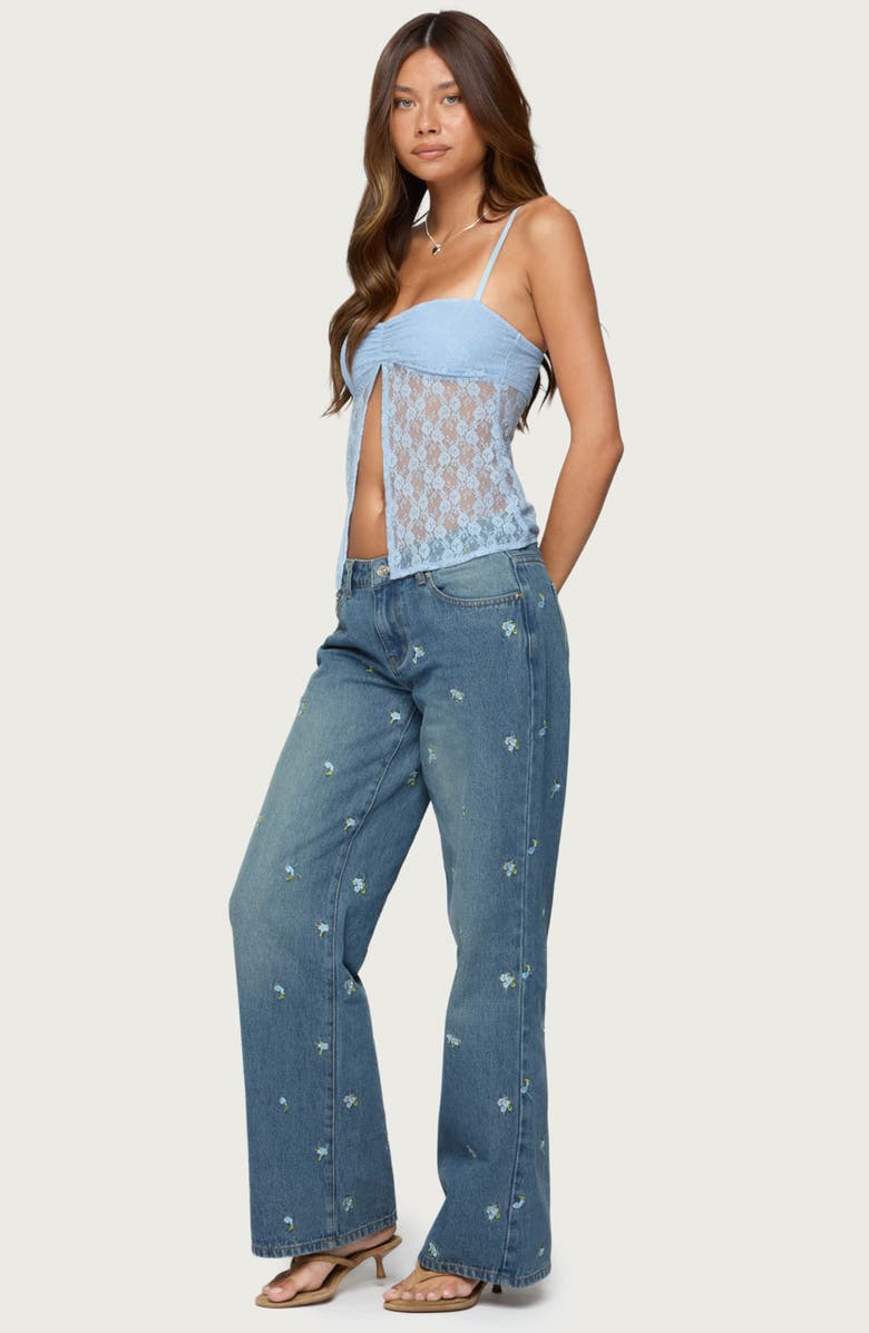 EDIKTED Edna Floral Embroidered Low Rise Wide Leg Jeans, Alternate, color, Blue-Washed