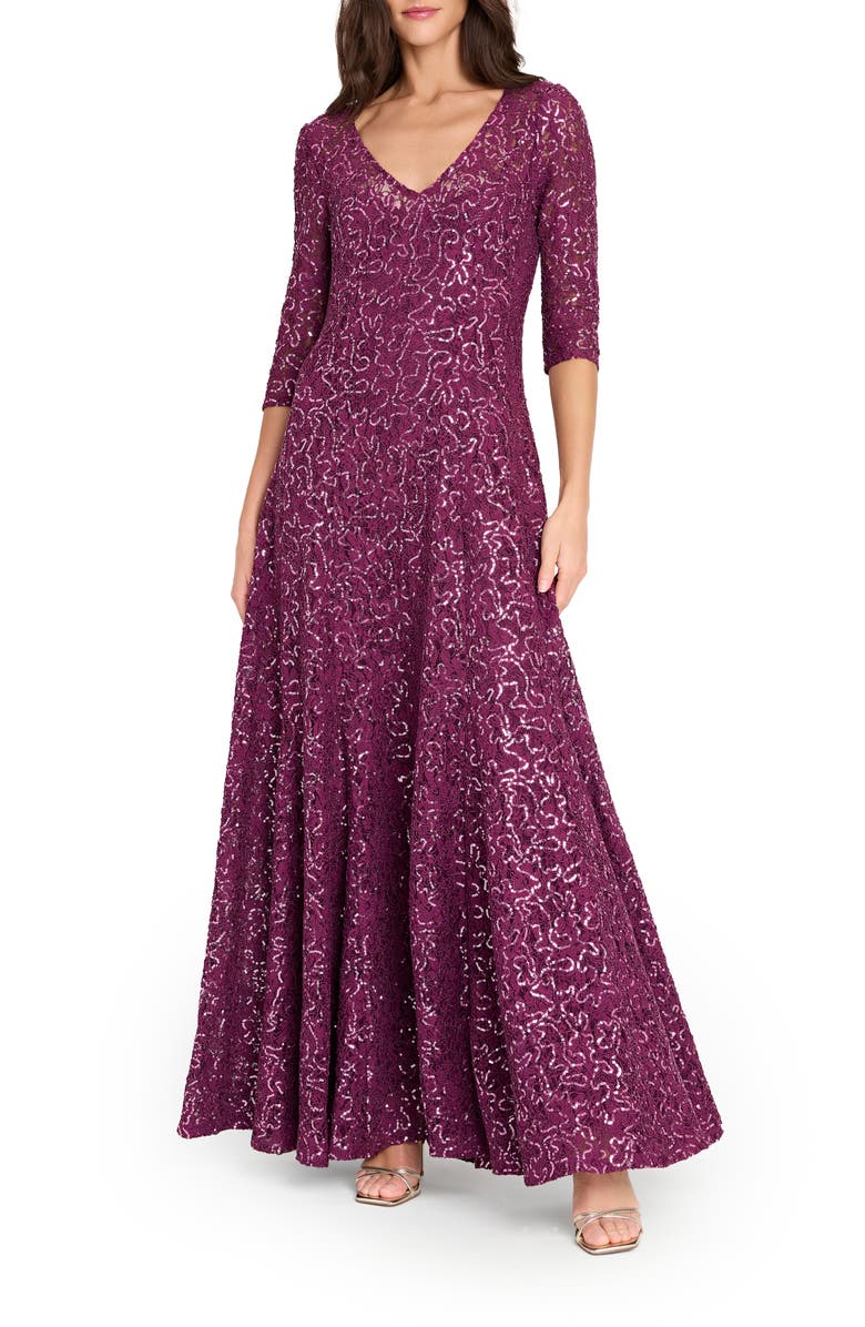 Tahari ASL Sequin Flare Gown, Main, color, Wine
