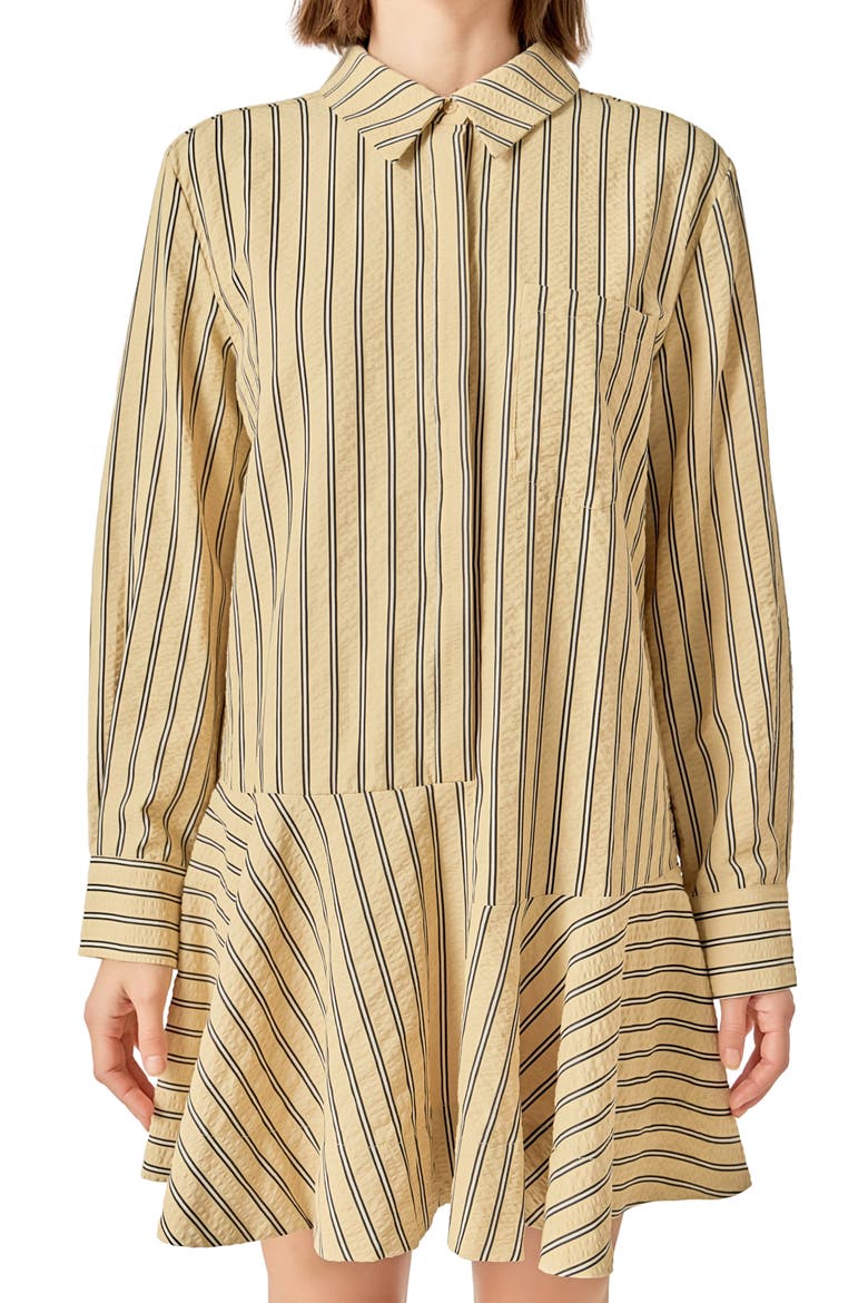 Texture Collar Long Sleeve Mini Shirtdress, Alternate, color, TAN/ BLACK