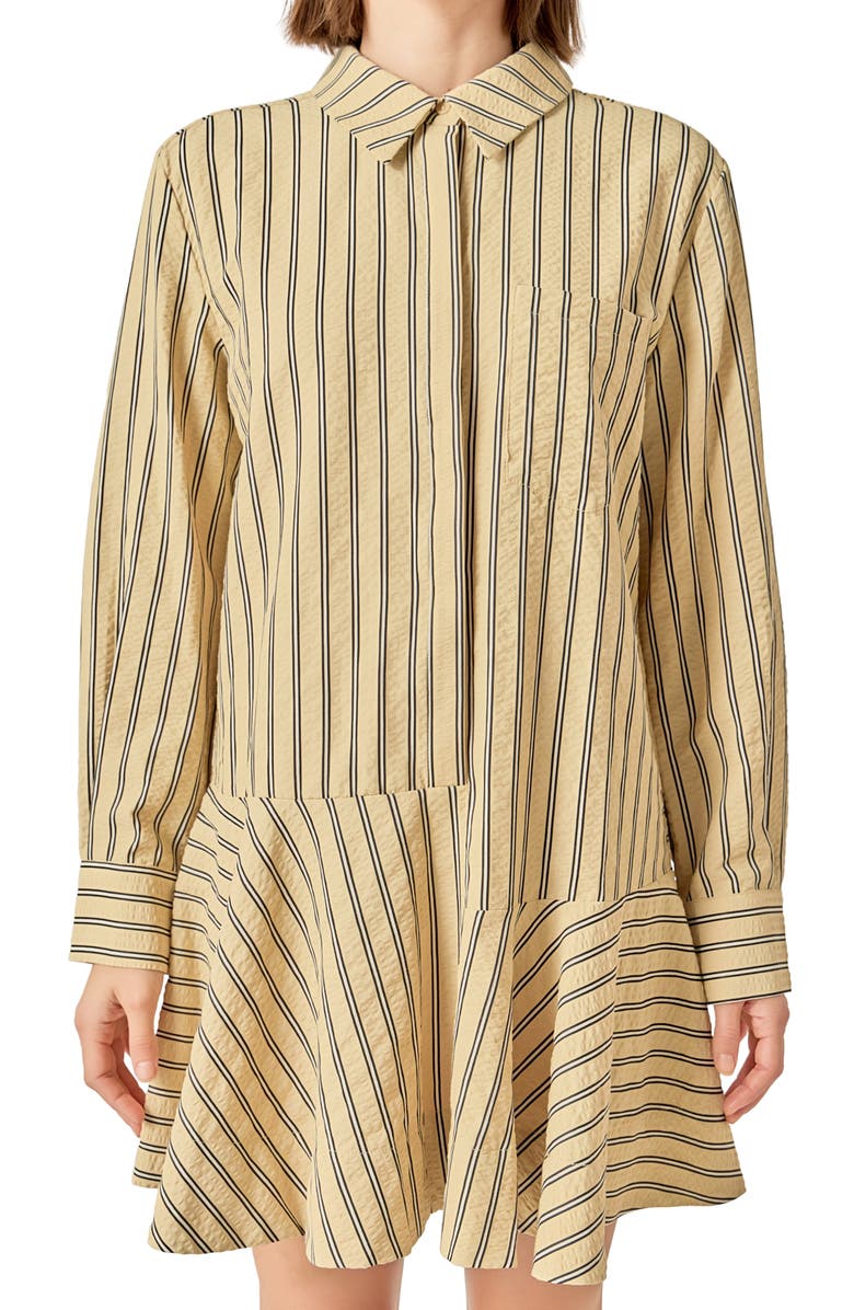 English Factory Texture Collar Long Sleeve Mini Shirtdress, Alternate, color, Tan/ Black