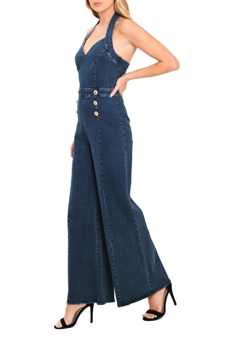 Halter Neck Wide Leg Denim Jumpsuit, Alternate, color, MEDIUM INDIGO