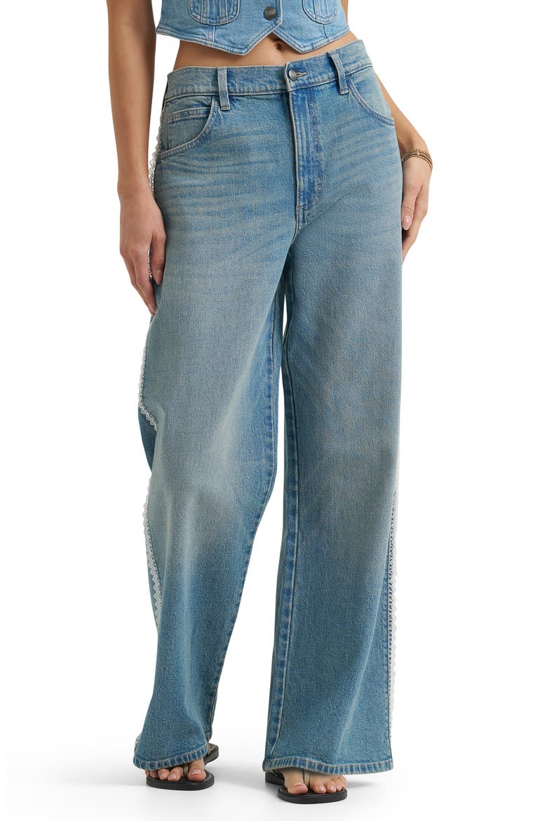 Lace Trim Low Slung Slouch Jeans, Main, color, FOREVER LIGHT