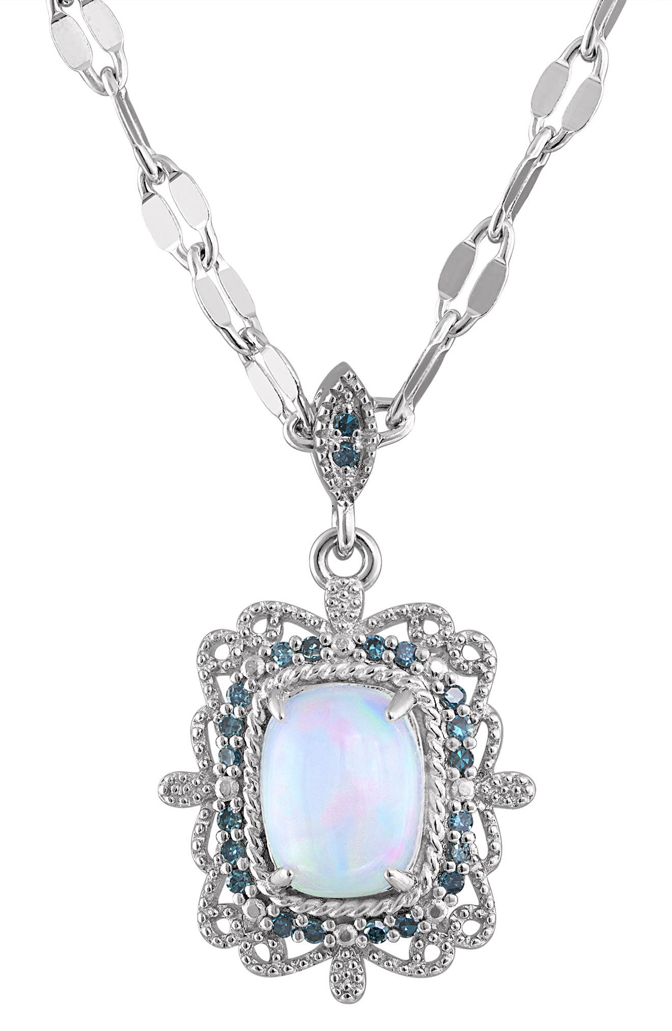 FZN Sterling Silver Opal & Blue Diamond Pendant Necklace