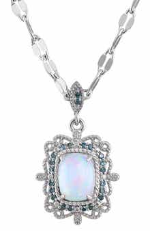 FZN Sterling Silver Opal & Blue Diamond Pendant Necklace