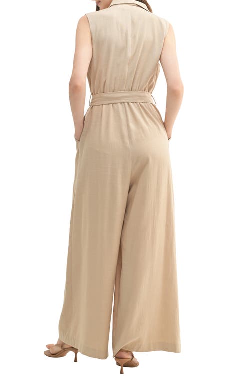 Lush Shawl Collar Tie Waist Jumpsuit In Taupe