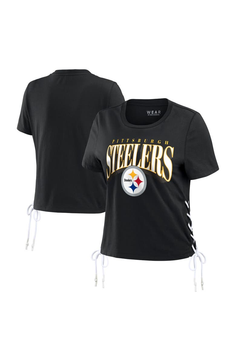 WEAR by Erin Andrews Women's WEAR by Erin Andrews Black Pittsburgh Steelers Lace Up Side Modest Cropped T-Shirt, Alternate, color, Black