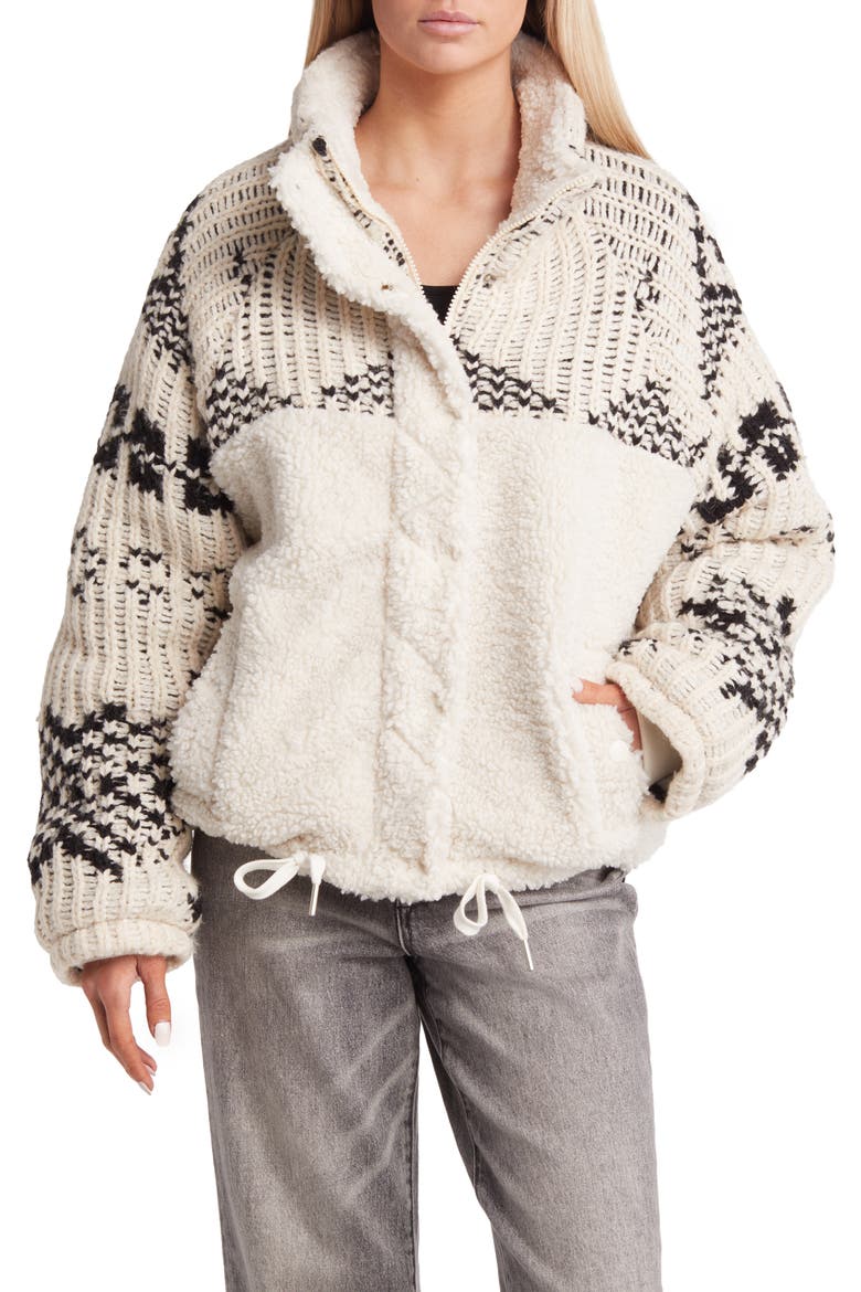 Knit Sleeve Faux Shearling Jacket, Alternate, color, FEELING COZY