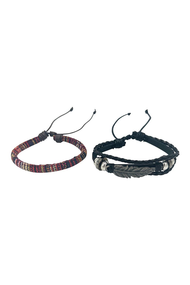 Men's Set of 2 Black Leather & Woven Slider Bracelets, Alternate, color, BLACK