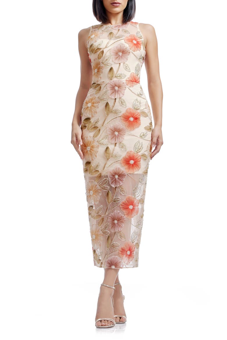 Helena Beaded Floral Applique Sheath Gown, Main, color, CHAMPAGNE MULTI